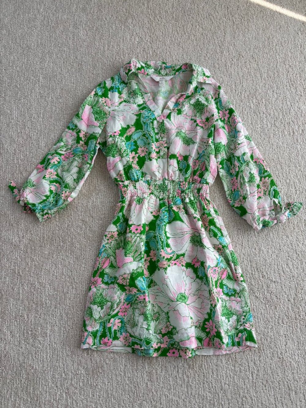 Lilly Pulitzer Pink Green Floral Long Sleeve Smocked Waist Dress Size 6